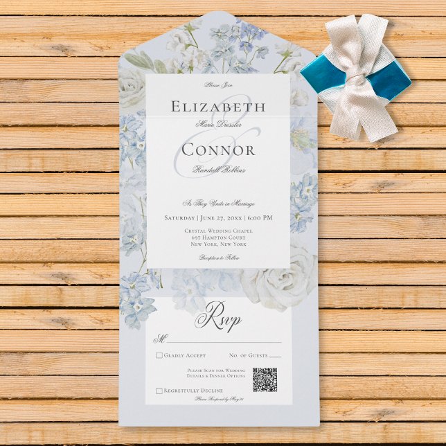 Romantic Soft Blue & White Garden Blommigt QR-kod (Romantic Soft Blue & White Garden Floral QR Code All In One Invitation)