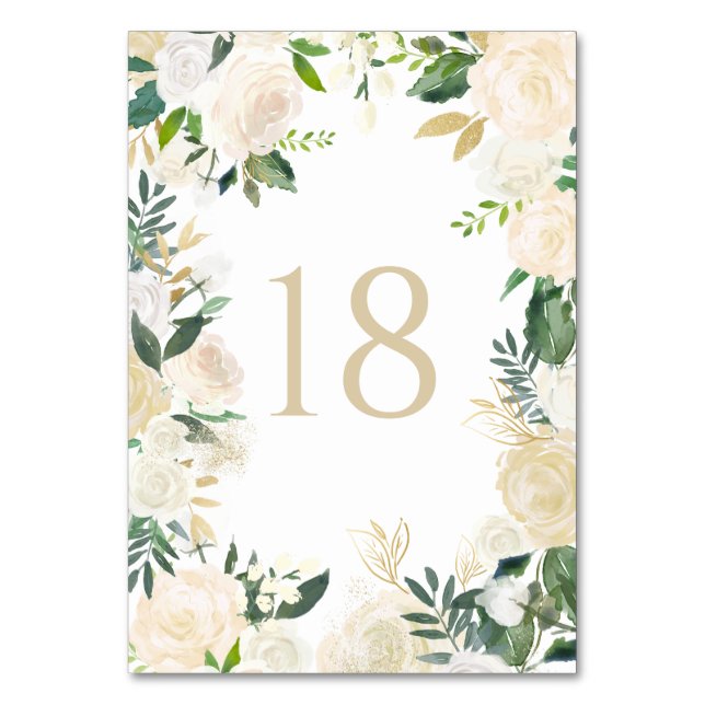 Romantic Soft Ivory Flowers Wandan Bröllop Bordsnummer (Framsidan)