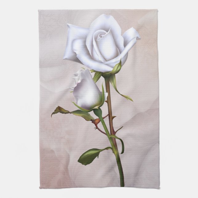 Romantic Soft Vit ros Elegant Blommigt Glam Kökshandduk (Vertikal)