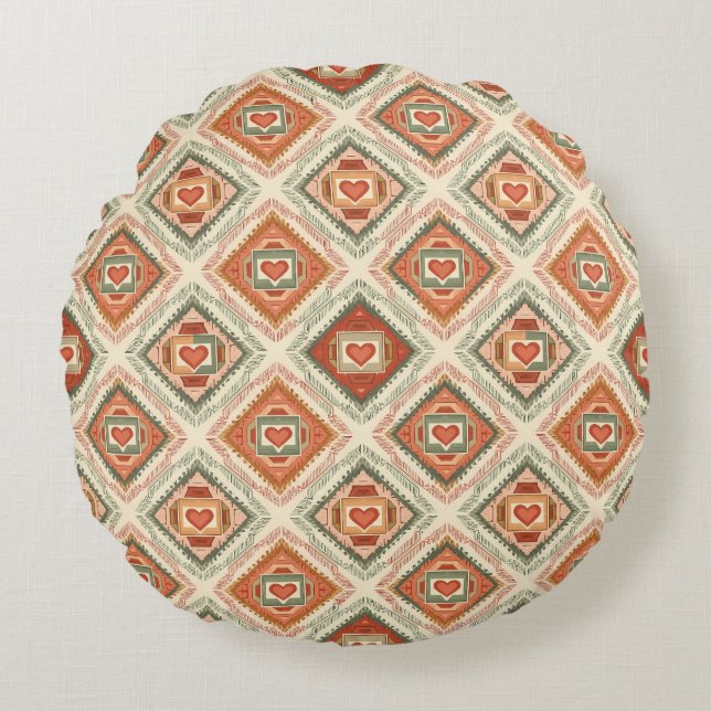 Romantic Southwestern Heart Pattern Peach & Sage Rund Kudde (Framsidan)