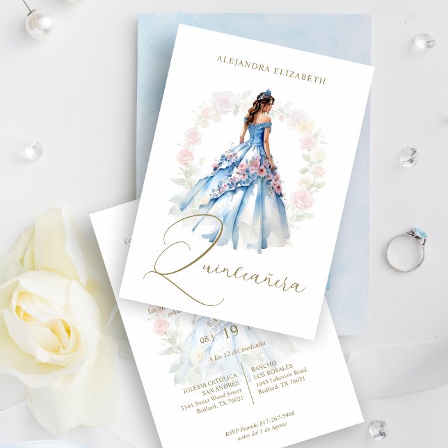 Romantic Spanish Quinceañera in Blue & Pink Shades Inbjudningar (Celebrate the sweetness and elegance of fifteen with our Blue & Pink Toned Quinceañera Invitation! )