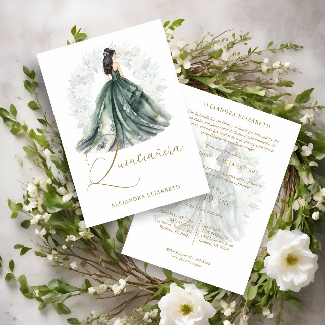Romantic Spanish Quinceañera in Green & Golden  Inbjudningar (Romantic Spanish Quinceañera in Green & Golden Invitation)