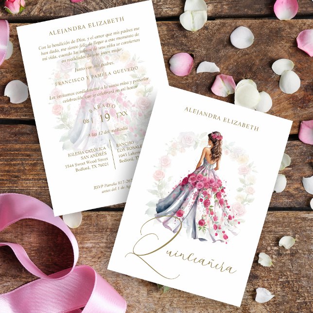 Romantic Spanish Quinceañera in Pink Shades  Inbjudningar (Romantic Spanish Quinceañera in Pink Shades Invitation Card with Envelope. )