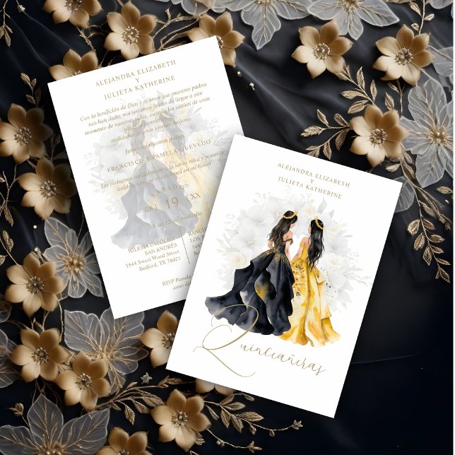 Romantic Spanish Quinceañera Twins in Black Yellow Inbjudningar (Romantic Spanish Quinceañeras Twins in Black & Yellow Shades Invitation Card with Envelope.)
