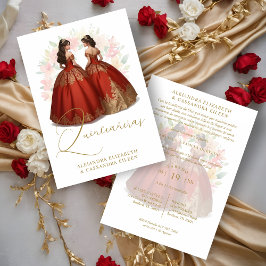 Romantic Spanish Quinceañera Twins Red & Golden  Inbjudningar