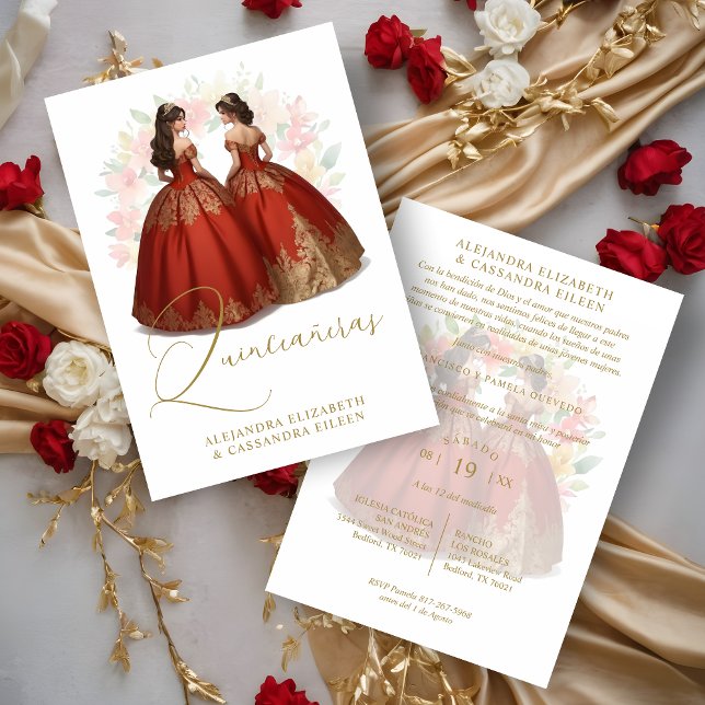 Romantic Spanish Quinceañera Twins Red & Golden  Inbjudningar (Romantic Spanish Quinceañera Twins Red & Golden Invitation.)