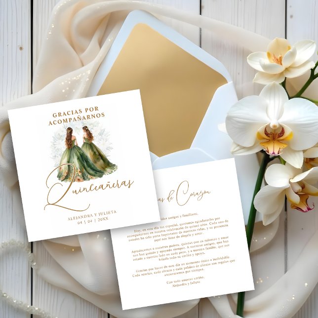 Romantic Spanish Quinceañeras Twins Dolls Green Tack Kort (Romantic Spanish Quinceañeras Twins Dolls in Green and Brown Shades Thanks You Cards. )