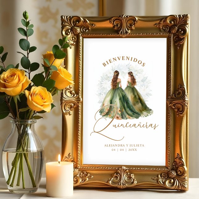 Romantic Spanish Quinceañeras Twins Dolls in Green Poster (Romantic Spanish Quinceañeras Twins Dolls in Green and Brown Shades Posters.)