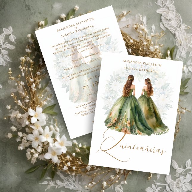 Romantic Spanish Quinceañeras Twins Green Shades Inbjudningar (Romantic Spanish Quinceañeras Twins in Green and Brown Shades Invitation Card with Envelope. )