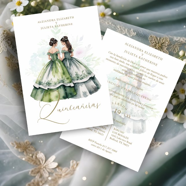 Romantic Spanish Quinceañeras Twins Green Shades Inbjudningar (Romantic Spanish Quinceañeras Twins in Green Shades Invitation Card with Envelope.)