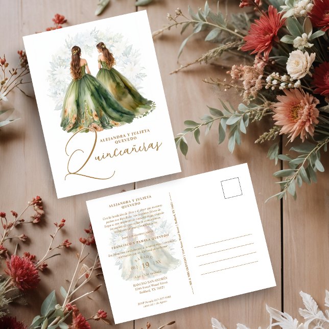 Romantic Spanish Quinceañeras Twins in Green Brown Vykort (omantic Spanish Quinceañeras Twins in Green and Brown Shades Postcards Invitations Cards.)