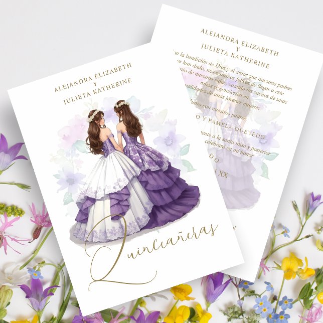 Romantic Spanish Quinceañeras Twins Purple Shades Inbjudningar (Romantic Spanish Quinceañeras Twins in Purple Shades Invitation Card with Envelope. )