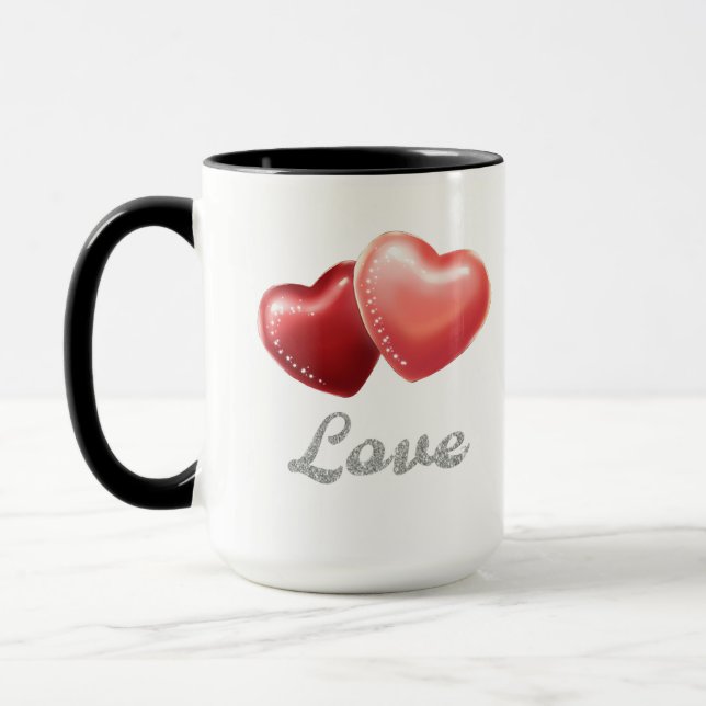 Romantic Sparkling Red Hearts "Love" Glitter Desig Mugg (Vänster)