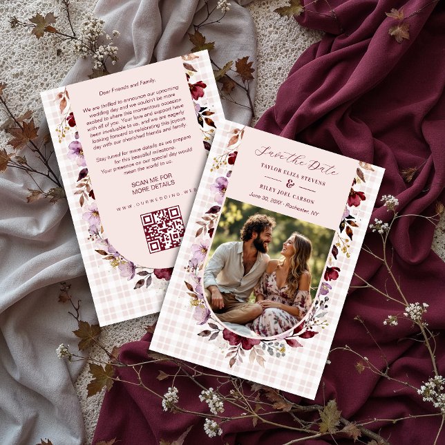 Romantic Spring Burgundy Floral Arch Wedding Spara Datumet (Romantic Spring-Inspired Burgundy Floral Arch Wedding Save the Date Design with Back Photo.)