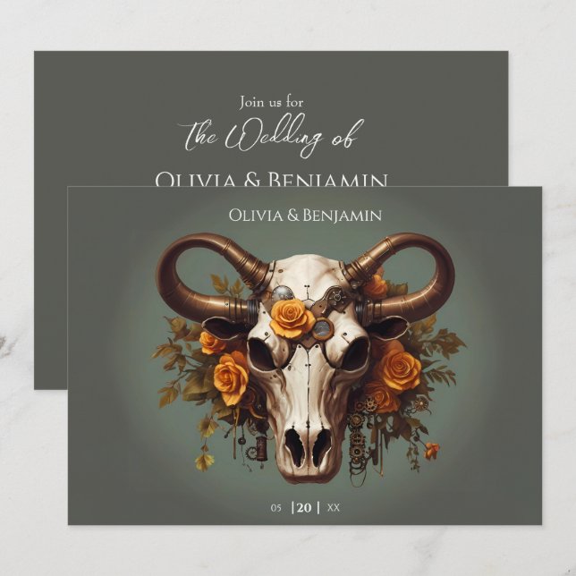 Romantic Steampunk Blommigt Cow Skull Bröllop Inbjudningar (Fram/baksida)