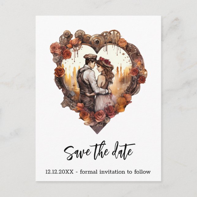 Romantic Steampunk Bröllop Heart Meddelande Vykort (Framsida)
