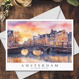 Romantic Sunset Amsterdam Canal Watercolor Travel Vykort