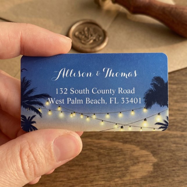 Romantic Sunset Beach Handflatan Träd String Ljus Adressetikett (Skapare uppladdad)