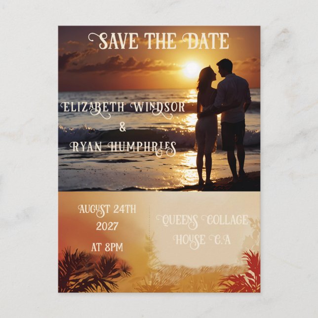 Romantic Sunset Beach Scene med Tropical Elegance Vykort (Framsida)