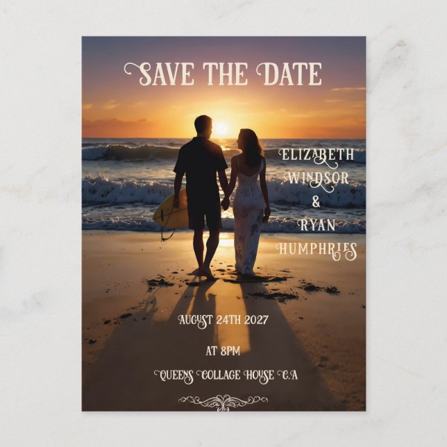 Romantic Sunset Beach Scene med Tropical Elegance Vykort (Framsida)