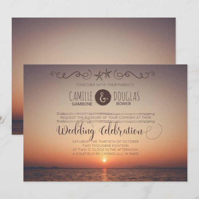 Romantic Sunset Beach Wedding bjudande Inbjudningar (Fram/baksida)