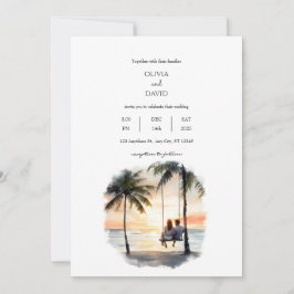 Romantic Sunset Beachside Swing Handflatan Träd Br Inbjudningar
