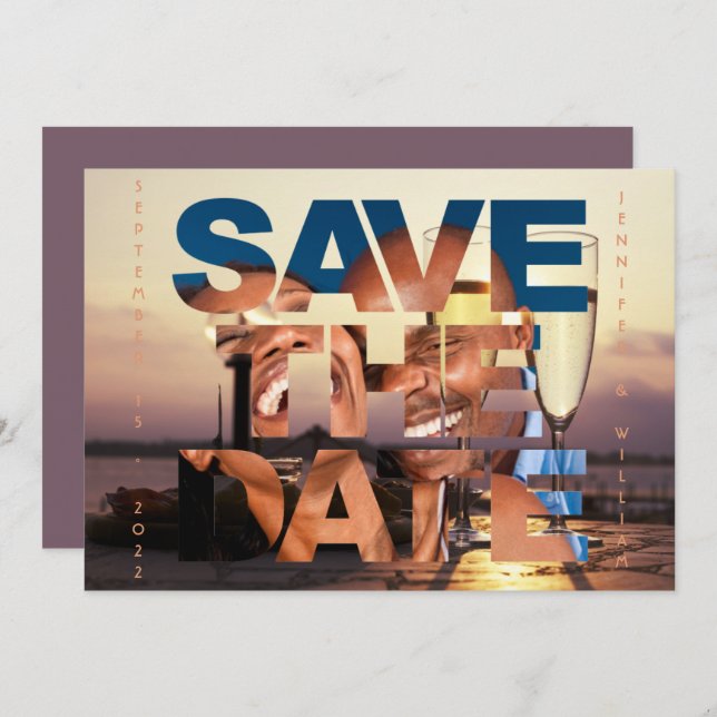 Romantic Sunset Champagne Flutes Photo Bröllop Spara Datumet (Fram/baksida)