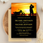 Romantic Sunset Couple Silhouette Bröllop Inbjudningar<br><div class="desc">Inbjudan dina gäster med inbjudan till elegant bröllop med ett romantiskt par och en motorcykelsilhuett mot en vacker solnedgång. Lägg bara till din händelseinformation i den här mallen som är enkel att använda för att göra den till en inbjudan av typen en. Vänd över kortet för att visa en söt...</div>
