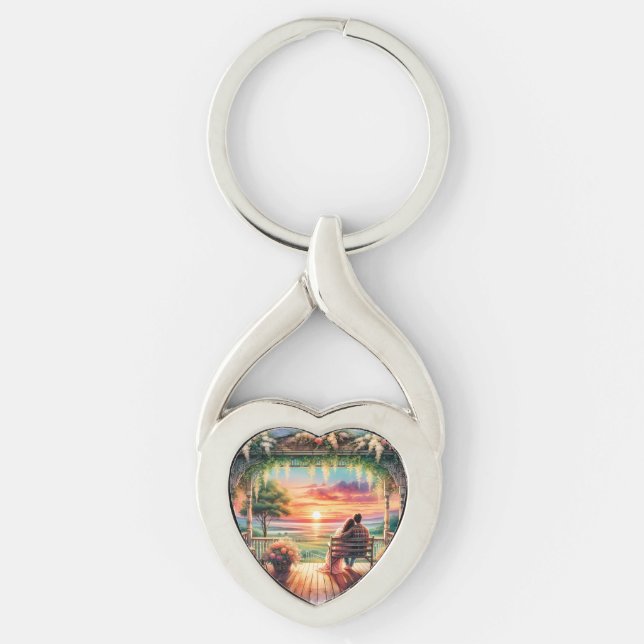 Romantic Sunset Porch View Illustration Twisted Heart Silverfärgad Nyckelring (Framsidan)