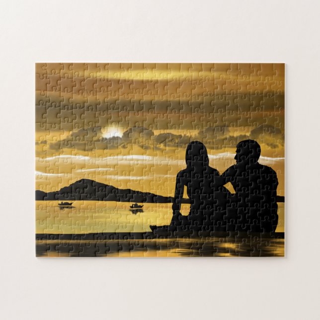 Romantic Sunset Sjö par Puzzle Gift Pussel (Horisontell)