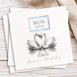 Romantic Svan Bröllop Napkins Blue Monogram Pappersservett