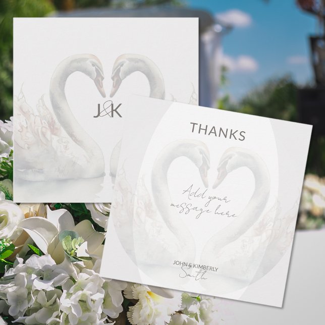Romantic Svanar Bröllop tackkort Tack Kort (Romantic Swans Wedding Thank You Card (front and back))