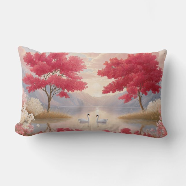 Romantic Swan Lake Pink Blossom Trees Elegant Lumbarkudde (Framsida)