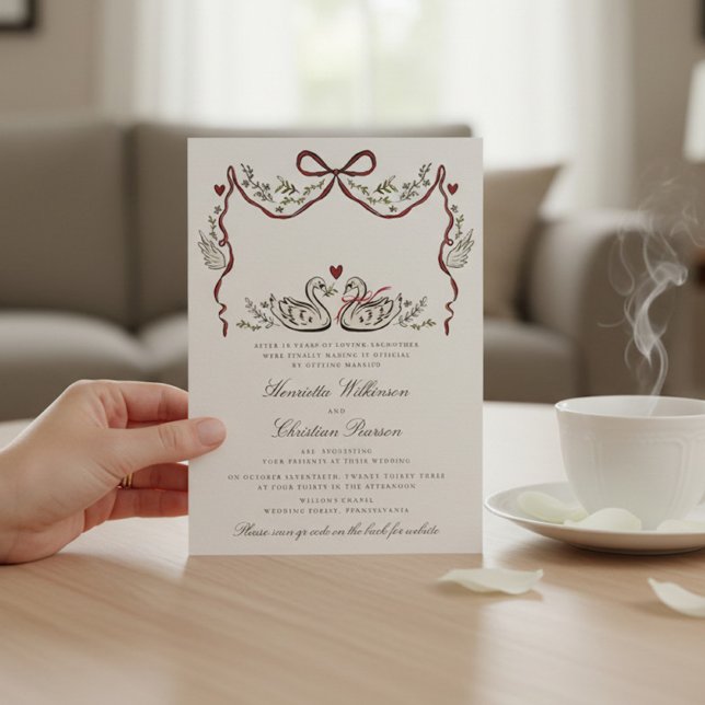 Romantic Swans with Hearts Woodland Wedding Card Inbjudningar (Skapare uppladdad)
