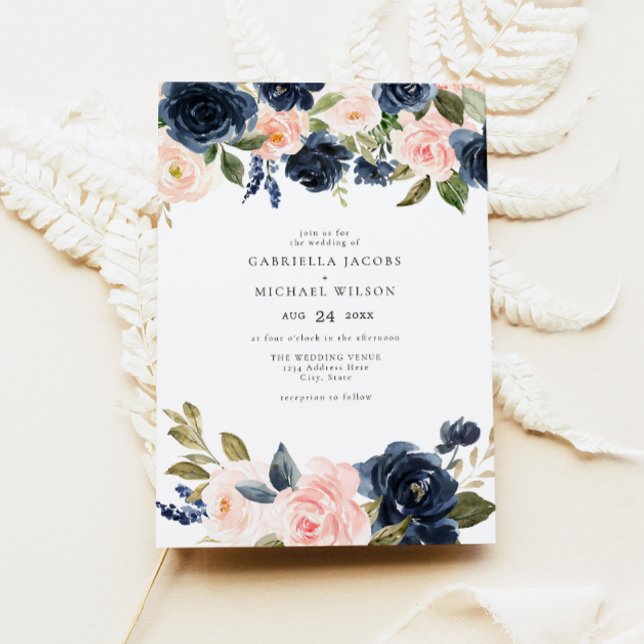 Romantic & Sweet Navy  Blommigt Garden Wedding Inbjudningar (Skapare uppladdad)