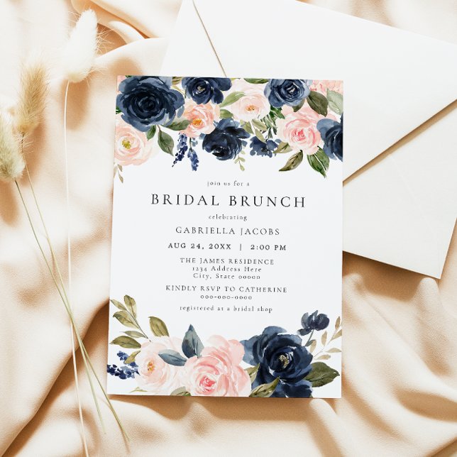 Romantic & Sweet Navy  Blommigt Möhippa Brunch Inbjudningar (Skapare uppladdad)