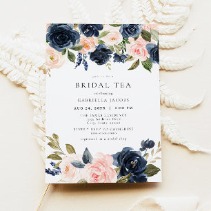 Romantic & Sweet Navy Blommigt Möhippa Tea Inbjudningar