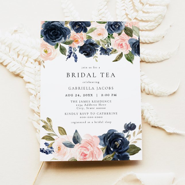 Romantic & Sweet Navy  Blommigt Möhippa Tea Inbjudningar (Skapare uppladdad)