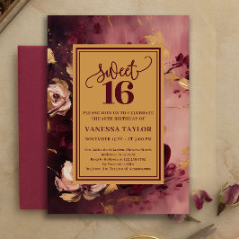 Romantic Sweet Sixteen Burgundy Blush Gold Invite Inbjudningar