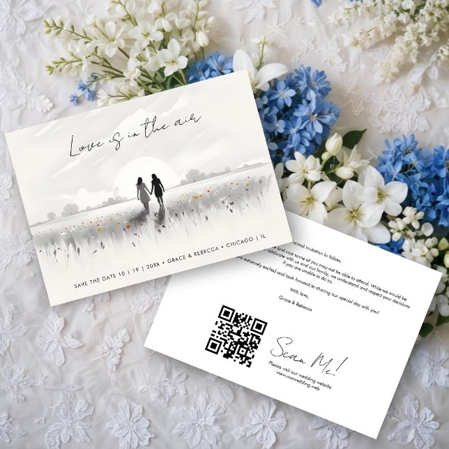 Romantic Sweet Wildflowers Field Lesbian Couple Spara Datumet (Romantic Charming Sweet Cute Wildflowers Field, Walking Lesbian Couple Wedding Save the Date Cards.)
