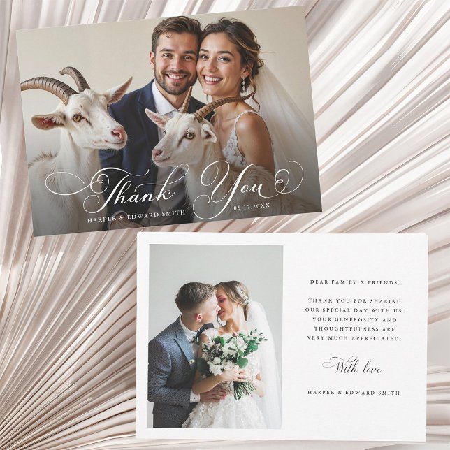 Romantic Swirly Calligraphy Wedding 2 Photo Tack Kort (Front & Back)