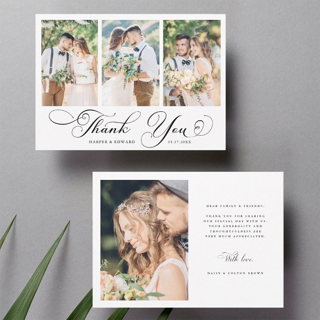 Romantic Swirly Calligraphy Wedding 4 Photo  Tack Kort (Front & Back)