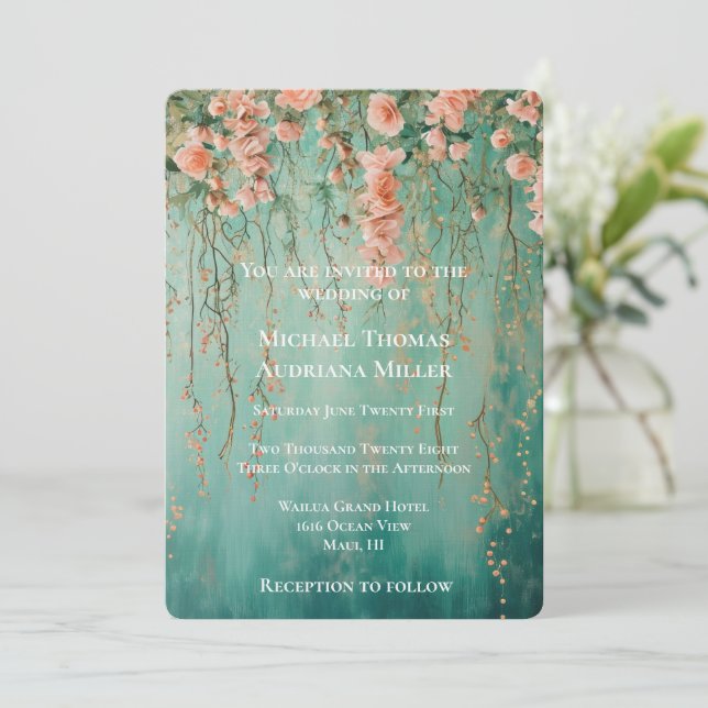 Romantic Teal Blush Flowers Wedding  Inbjudningar (Stående Fram)