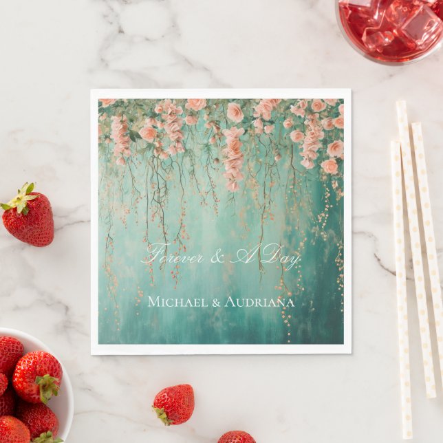 Romantic Teal Blush Peach Flowers Wedding Pappersservett (Insitu)