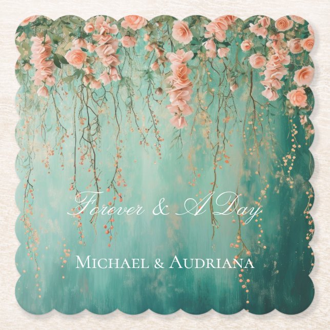 Romantic Teal Blush Peach Flowers Wedding Underlägg Papper (Framsida)