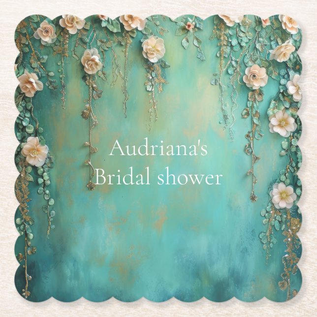 Romantic Teal Blush Pink Flowers Bridal Shower Underlägg Papper (Framsida)