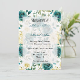 Romantic Teal Cream Ro Blommigt Bröllop Inbjudningar