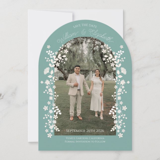 Romantic Teal Eucalyptus Floral Arch Save the Date Inbjudningar (Framsida)