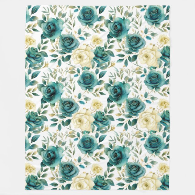 Romantic Teal Grönt Cream Ro Blommigt Fleecefilt (Framsidan)