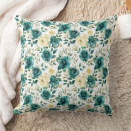 Romantic Teal Grönt Cream Ro Blommigt Kudde